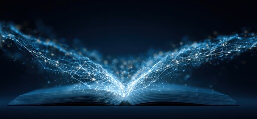 Open book emitting glowing blue particles and a network of light strands