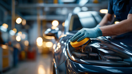 Obraz premium Professional vehicle detailing service with gloved hand polishing sleek surface faceless detailer defocused workshop background using sponge rotary buffer brilliant shine