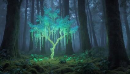 Glowing tree in foggy forest. Mysterious scene with ethereal light and mossy ground