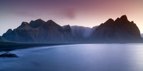 panorama view of Stokksnes beach and the iconic Vestrahorn at sunrise