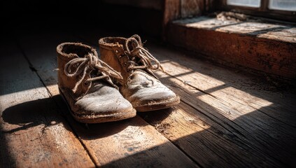 Worn children's shoes on a wooden floor