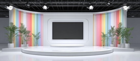 A modern studio stage design with a curved backdrop, plants, stage lights, and a large black screen
