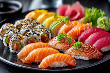 Close up of assorted sushi on a dark plate