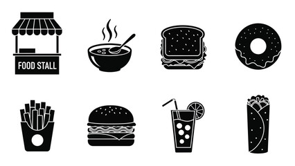Diverse fast food icons in black and white grunge style