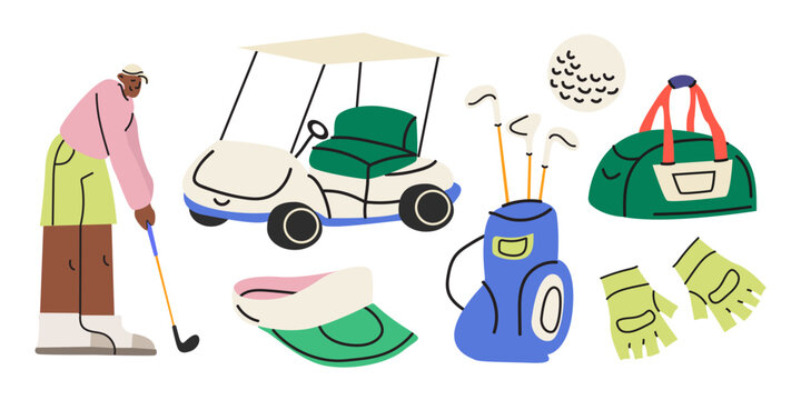 Golf stickers set in cartoon doodle style. Sports equipment, golfer character, golf ball, golf car, club, hole. Hand drawn golf vector illustration isolated