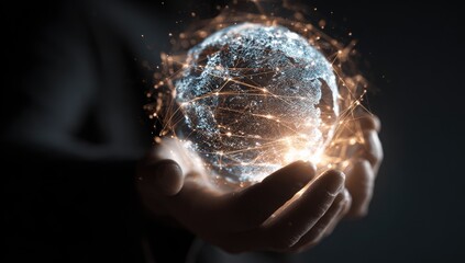 Hands holding a glowing, interconnected Earth