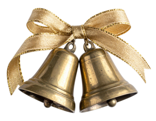 Vintage Twin Bells with Curled Fabric Ribbon, Top-Down Composition, Transparent Background