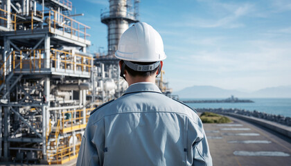 配管エリアを巡回する日本人作業員の後ろ姿（屋外・海沿いプラント）
