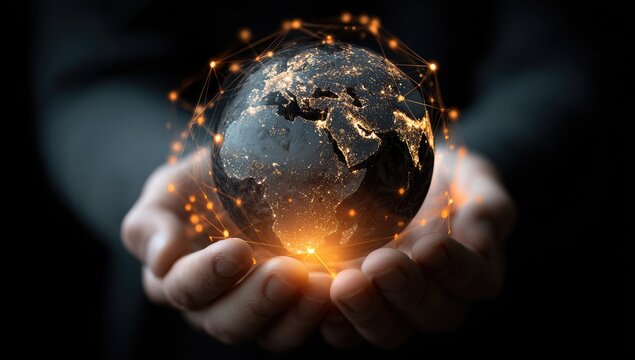Hands holding a digital globe network