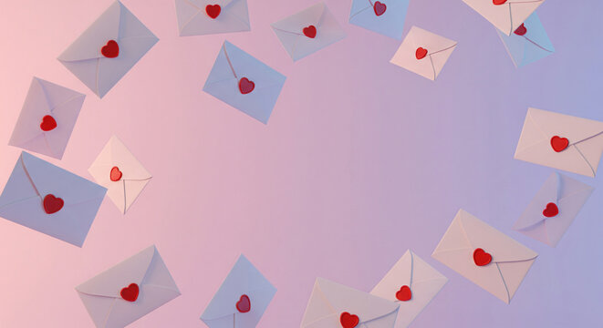 Animated pastel colored digital envelopes. Many colorful envelopes floating in the air, sealed with hearts. Valentine's Day love letters.