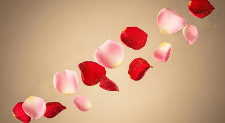 Red rose petals and golden glitters are falling down in a red background. Perfect for celebrating love, Valentine's day, or festive occasions.