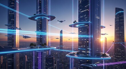 Futuristic city skyline with glowing neon lights and flying vehicles.