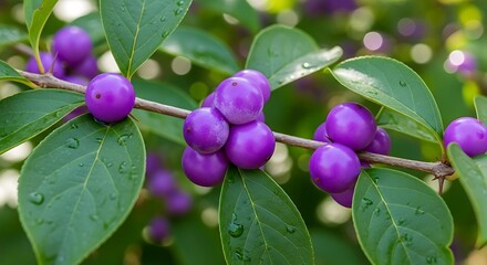 Vibrant purple berries grow on a green leafy branch after a rain.