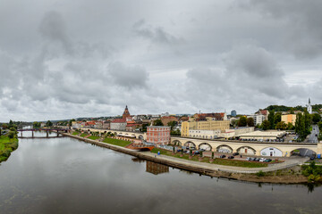 Fototapeta premium drone view of Gorzow Wielkopolski city center and the Warta River in eastern Poland