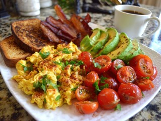 Hearty Breakfast Plate with Eggs and Tomatoes