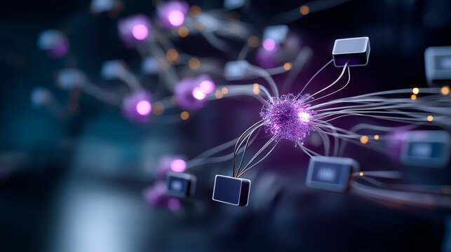 Workflow automation artificial intelligence software interface nodes triggers defocused data tool dashboard background coding icon flow process technology 3D rendering