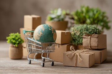 Miniature shopping cart holds globe, amidst boxes, plants and packages on wood surface