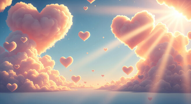 Fluffy heart-shaped cloud floating above a sea of clouds bathed in warm sunrise light, aerial view, dreamy and romantic