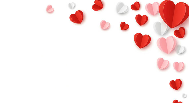 A multitude of small red and pink hearts floating upwards against a clean white background, perfect for romantic themes, celebrations, or valentines day
