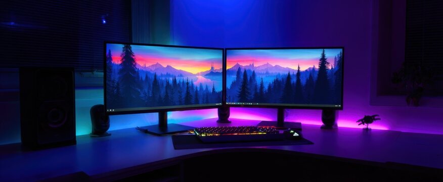 Colorful led lights dance like fireflies around the dual-monitor gaming station.