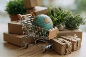 A miniature globe in a shopping cart, surrounded by gift boxes and plants, suggesting global commerce