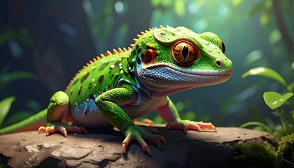 A vividly colored, whimsical gecko with large eyes sits atop a rough, dark rock, surrounded by green foliage
