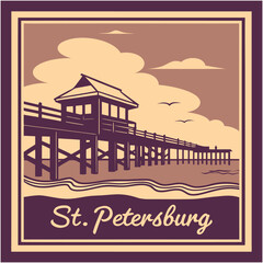 Naklejka premium St. Petersburg Vintage Design with Long Pier and Seaside Landscape – Retro Minimal Illustration