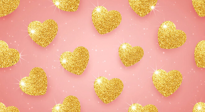 Golden hearts on pastel pink background. Valentines Day seamless looping video with golden hearts floating on a pink background and copy space in 3D animation. Love celebration and romantic concept