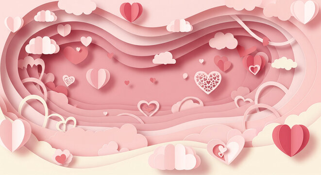 A romantic banner with paper hearts and fluffy white clouds suspended in a soft pink sky with a few wispy strands of cirrus cloud scattered about, paper craft, heart - Powered by Adobe