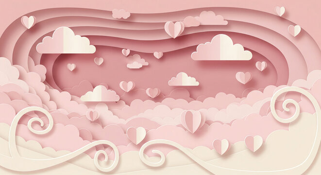 A romantic banner with paper hearts and fluffy white clouds suspended in a soft pink sky with a few wispy strands of cirrus cloud scattered about, paper craft, heart