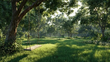 Peaceful, sunlit scene featuring a wooden swing suspended from a tree branch in a lush, green meadow