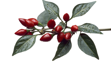 Chili pepper sprig with red peppers and green leaves.