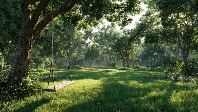Peaceful, sunlit scene featuring a wooden swing suspended from a tree branch in a lush, green meadow - Powered by Adobe
