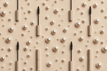 Flat lay with mascara tubes and faux pearls arranged in a repeating pattern on a beige surface