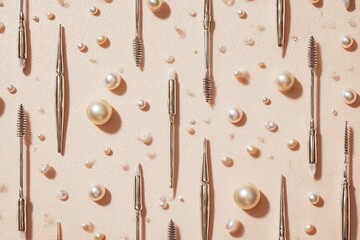 Flat lay featuring metallic makeup tools and pearls scattered on a pale pink surface