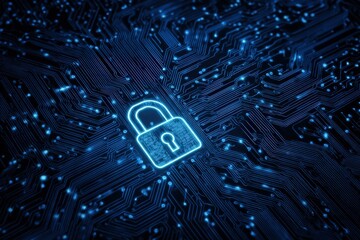 Glowing digital padlock illuminates a complex network of circuit board pathways and connections