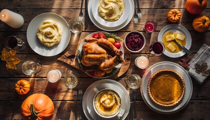 A beautifully arranged Thanksgiving dinner table with roasted turkey, mashed potatoes and sweets