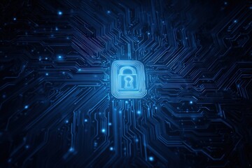 Digital lock symbol on illuminated circuit board with glowing blue lights
