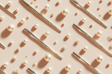Elegant pattern on pastel background; shiny metallic straws and ivory pearls; chic and trendy