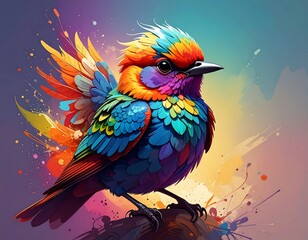 A vividly colorful, small bird perched on a branch against a painterly, abstract background