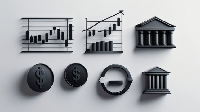 A conceptual set of 3D black financial icons representing banking, stock market trading, and economic data analysis