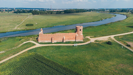 Aerial View of Medieval Royal Castle Ruins in Kolo, Poland