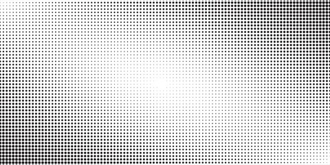 Hexagon halftone gradient texture. Abstract black grunge background. Geometric retro halftone tech overlay. Fading wavy hexagonal pattern backdrop. Vector vanishing honeycomb grunge bitmap wallpaper