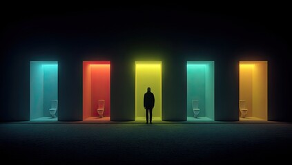 Silhouette stands before brightly lit doorways, each with a toilet, creating an abstract scene