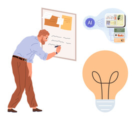 Man writing on board while AI tools and documents symbolize tech-based problem solving. Ideal for innovation, creativity, brainstorming, AI, design, productivity, teamwork. Simple flat metaphor