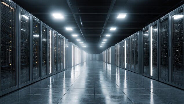 Long, illuminated corridor of server racks in a futuristic data center