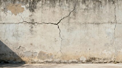 Fototapeta premium Weathered concrete wall surface displays significant vertical and horizontal structural fissures under bright illumination
