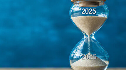 Hourglass with sand flowing from top labeled "2025" into bottom chamber labeled "2026", concept of time passing.