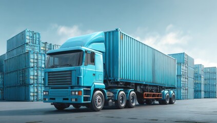 A bright blue semi-truck pulls a shipping container through a lot of containers