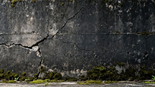 Rough gray concrete barrier displays significant vertical fractures and green moss growth along the base - Powered by Adobe